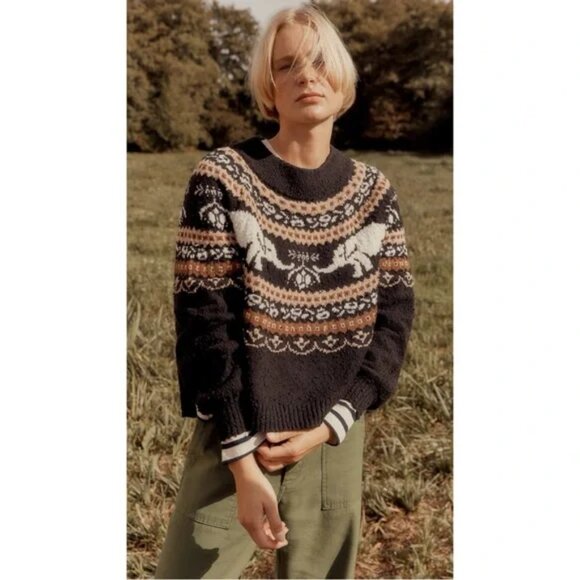 Free People Oversized boxy boucle Nellie Fair Isle Elephant Cozy Sweater 🐘 ❤️ - Picture 4 of 10